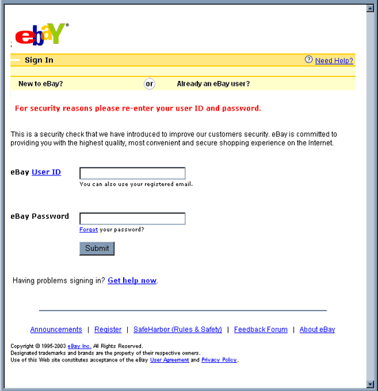 eBay Safeharbor Department - Email Scam snapshot
