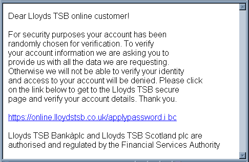 Confirm your Lloyds Bank account information - Email Scam snapshot