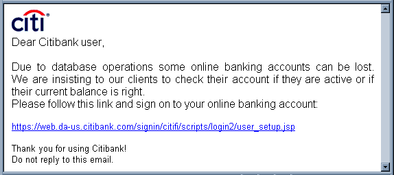 Attention all Citibank users - Email Scam