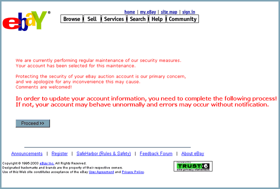 eBay Regular Maintenance - Phishing Scam forged web page 1