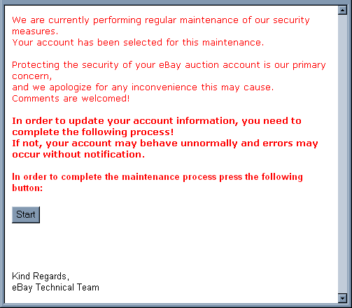 eBay Regular Maintenance - Phishing Scam email