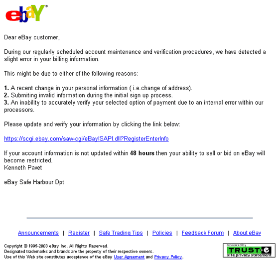 eBay Security Update - Spoof Email Phishing Scam