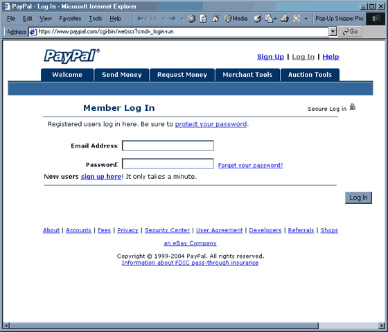 Address Bar Spoofing shown here with a bogus Paypal web page.