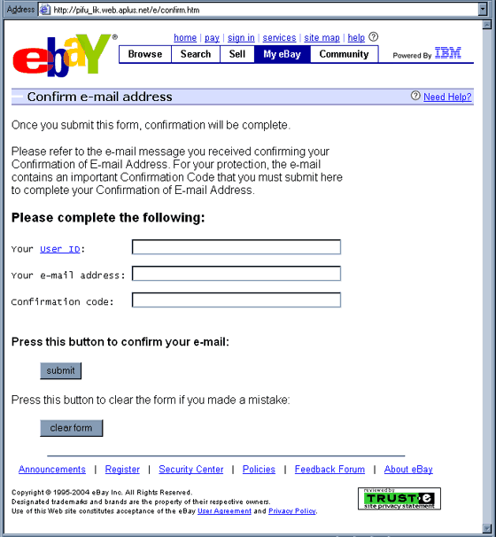 eBay - Confirm your e-mail address bogus web page.