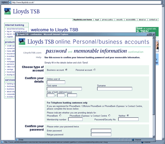 official Notice for all Lloyds TSB customers forged web content presented in front of the genuine Lloydstsb.co.uk home page.