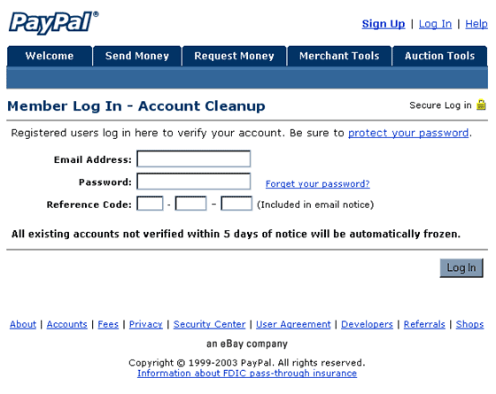 Paypal Member Accounts Cleanup forged web page.
