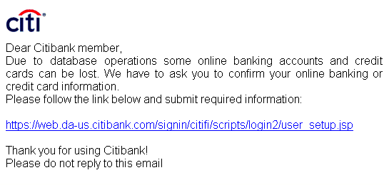Warning all Citibank users - spoofed email.