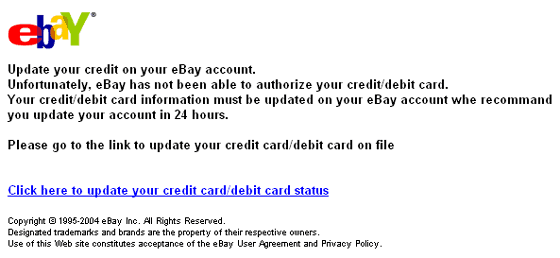 Update your credit /debit card on your eBay account spoofed email