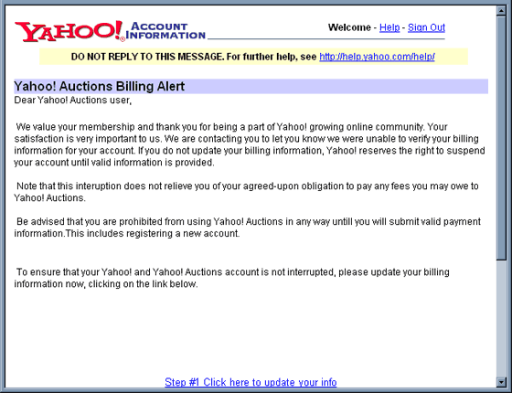 Yahoo! Auctions Alert #3747131035144966 spoofed email