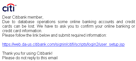 ! 0fficiaI Notice for all users of Citibank spoofed email.