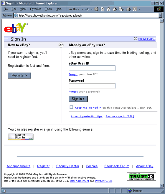 eBay - Important security issue forged sign in page.