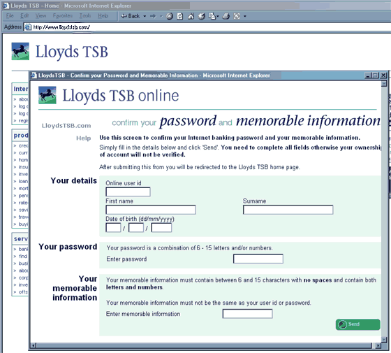 Urgent information for all Lloyds TSB customers forged web page in pop up style window.