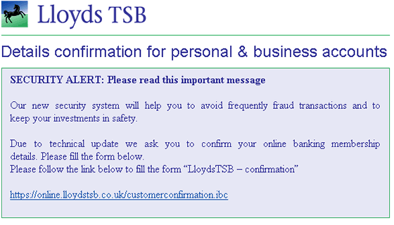 official Notice for all Lloyds TSB customers spoofed email.