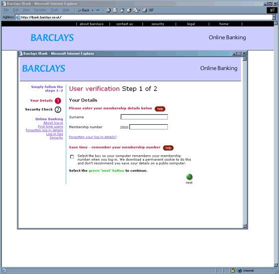 Urgent information from Barclays iBank forged web page.