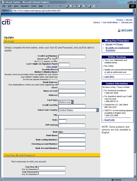 Citibank Account Update - forged web page.