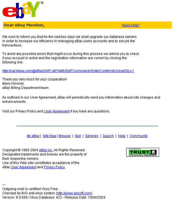 Please verify your account information - eBay spoofed email.
