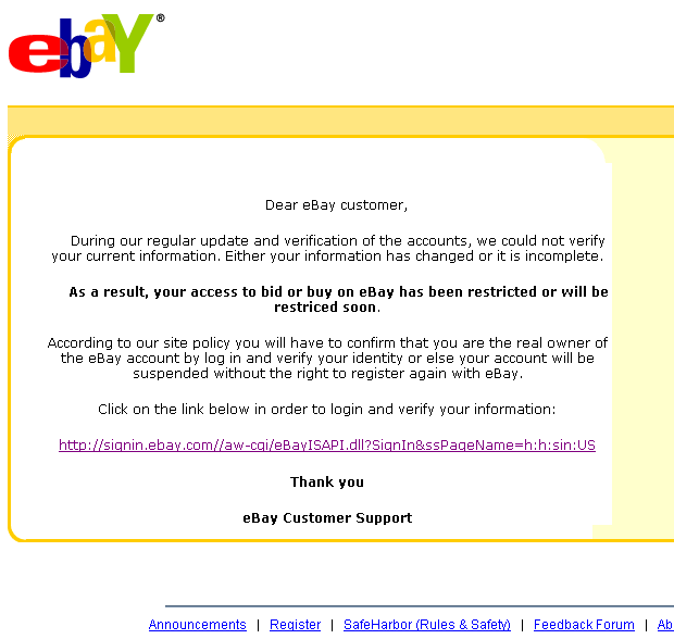 TKO NOTICE: eBay Registration Suspension - apoofed email