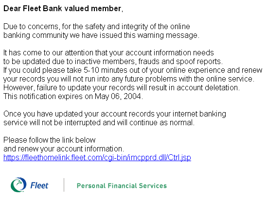 Online Banking Issue (Fleet Bank) - spoofed email