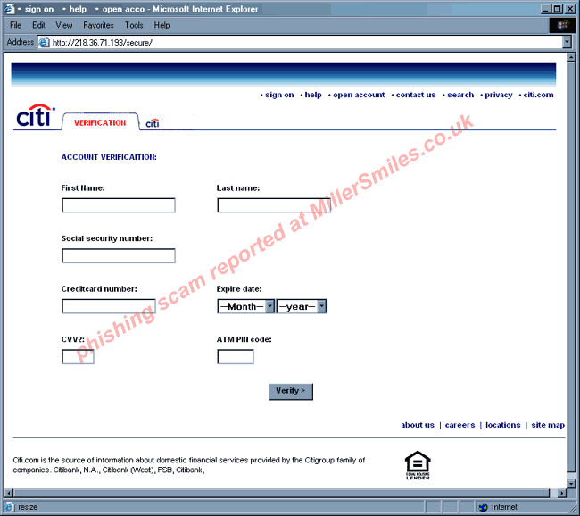 Security Update (Citibank) - phoney web page with form.