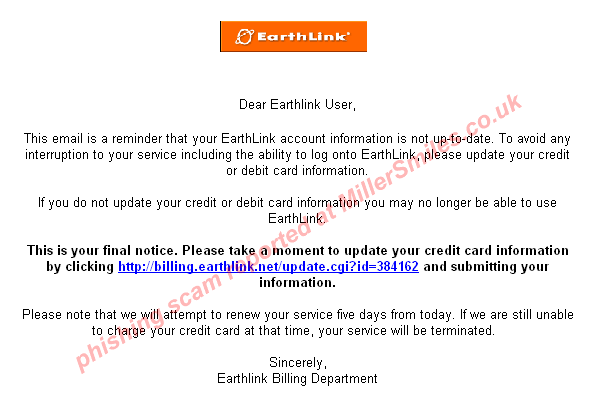 Important Information Regarding Your Account (Earthlink) - email