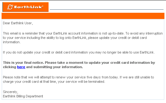 Earthlink.net spoof and hoax email scam