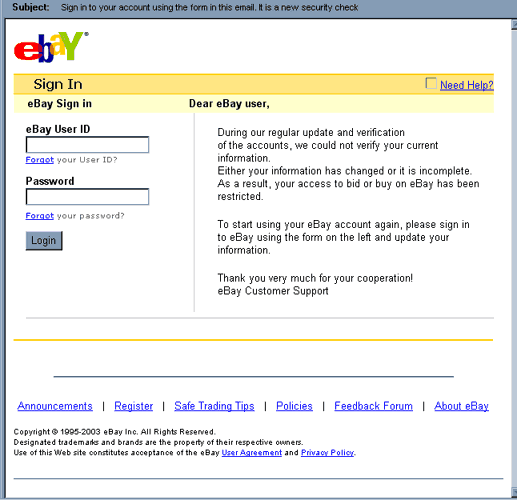 eBay New Securtiy Check (sign in page) email scam.