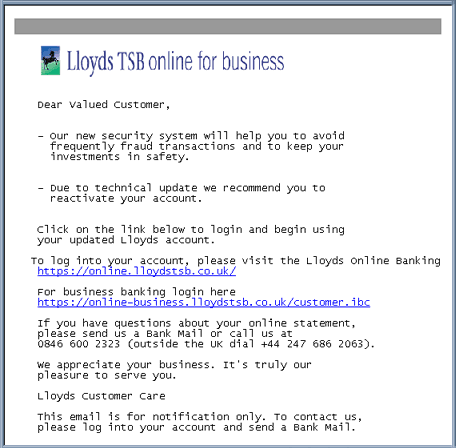 Lloyds TSB bank phishing email scam.